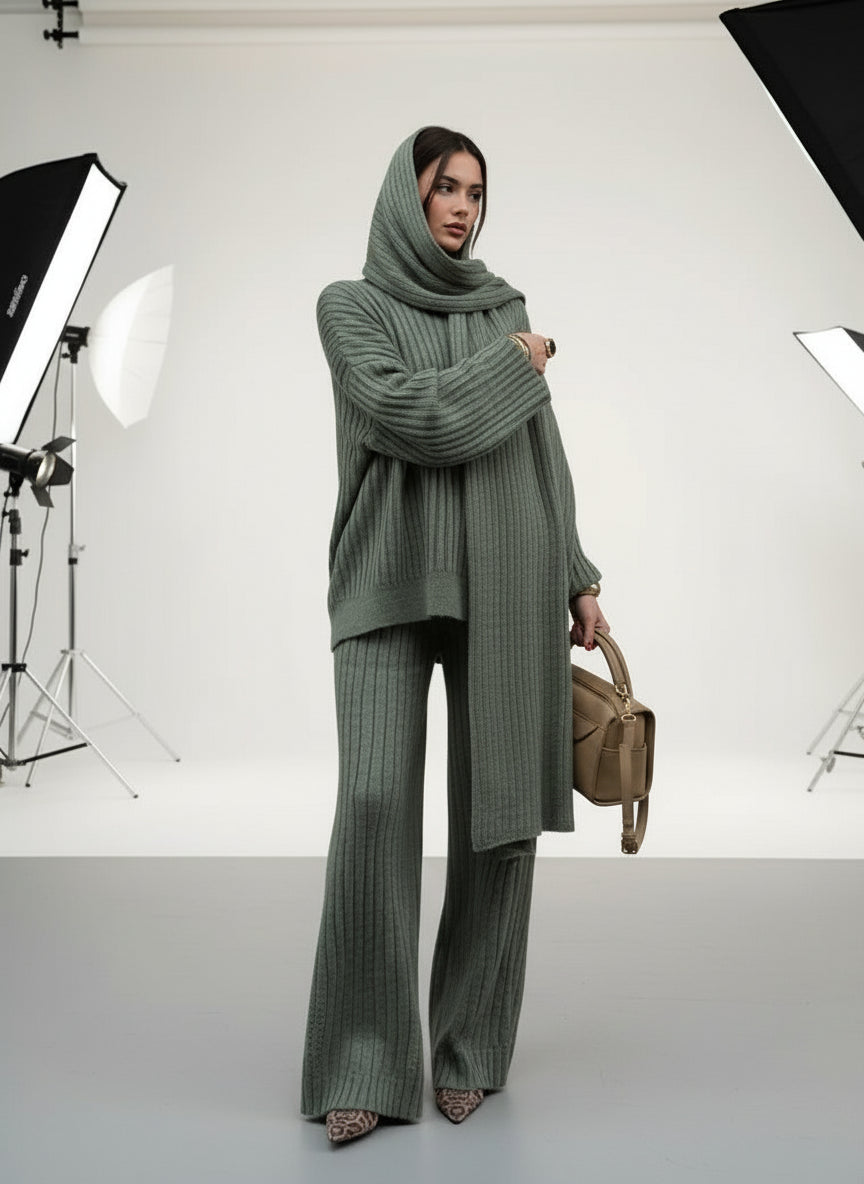 V-Neck Top & Wide Leg Pants Set with Scarf