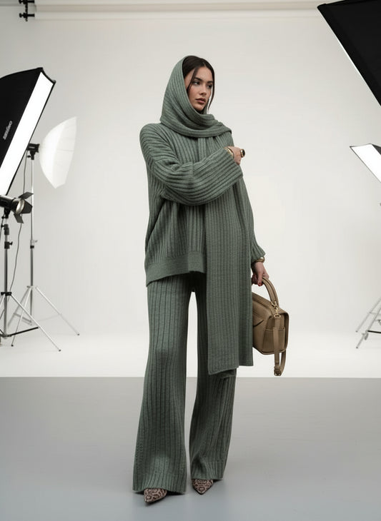 V-Neck Top & Wide Leg Pants Set with Scarf