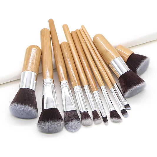 11-Piece Bamboo Handle Makeup Brush Set with Pouch
