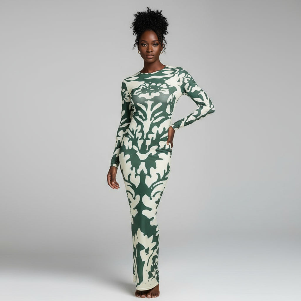 Backless Long Sleeve Slim Fit Printed Dress for Women