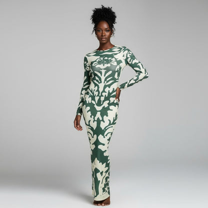 Backless Long Sleeve Slim Fit Printed Dress for Women