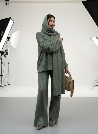 V-Neck Top &amp; Wide Leg Pants Set with Scarf