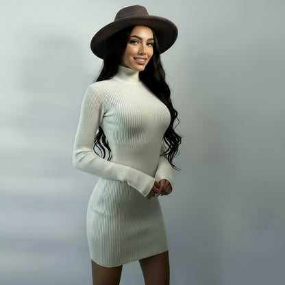 High Neck Ribbed Knit Dress for Women - Autumn/Winter 2025