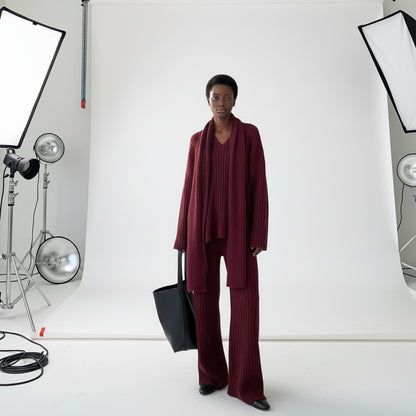 V-Neck Top &amp; Wide Leg Pants Set with Scarf