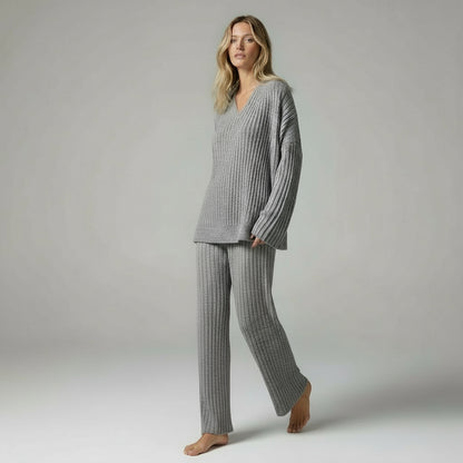 V-Neck Top &amp; Wide Leg Pants Set with Scarf