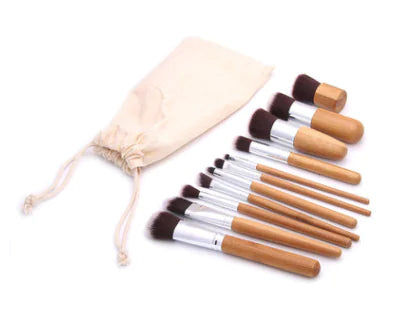 11-Piece Bamboo Handle Makeup Brush Set with Pouch