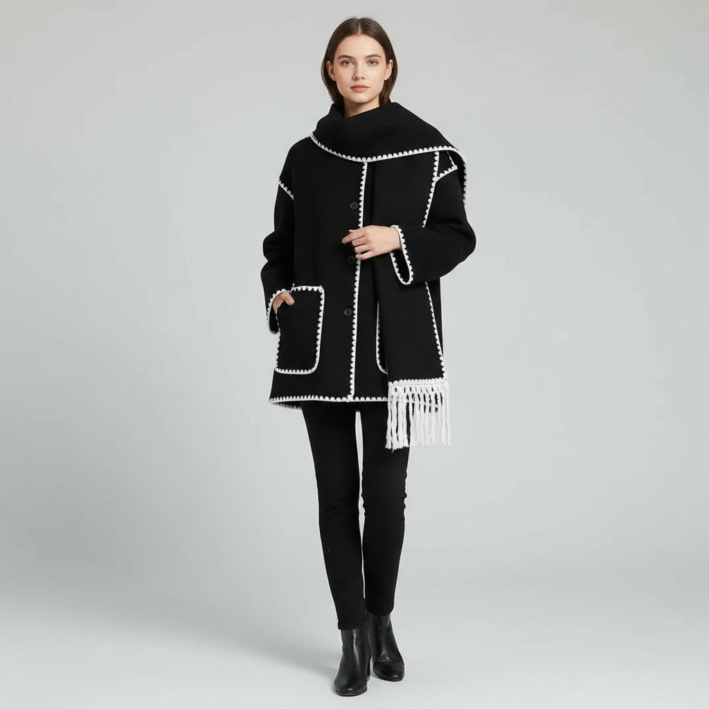 Women's Thick Woolen Coat with Scarf