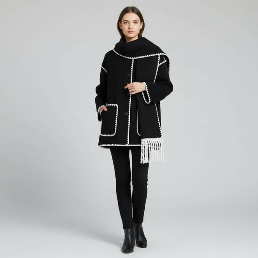 Women's Thick Woolen Coat with Scarf
