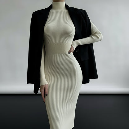 High Neck Ribbed Knit Dress for Women - Autumn/Winter 2025