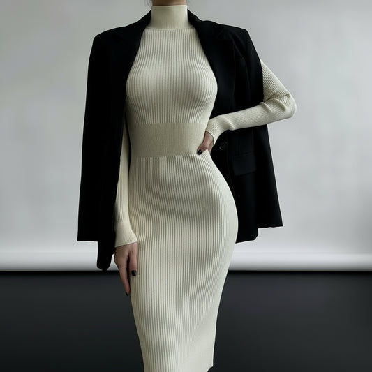 High Neck Ribbed Knit Dress for Women - Autumn/Winter 2025
