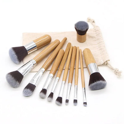 11-Piece Bamboo Handle Makeup Brush Set with Pouch