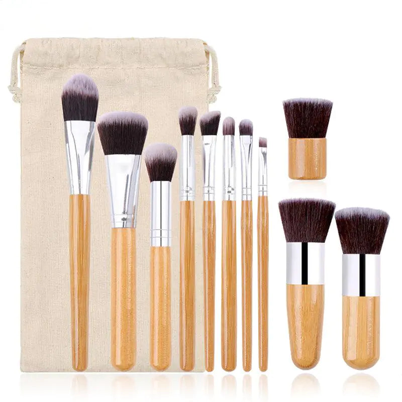 11-Piece Bamboo Handle Makeup Brush Set with Pouch