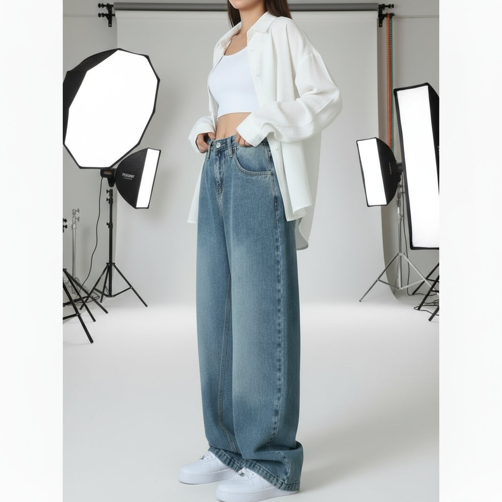 High-waisted loose-fit wide-leg jeans for women