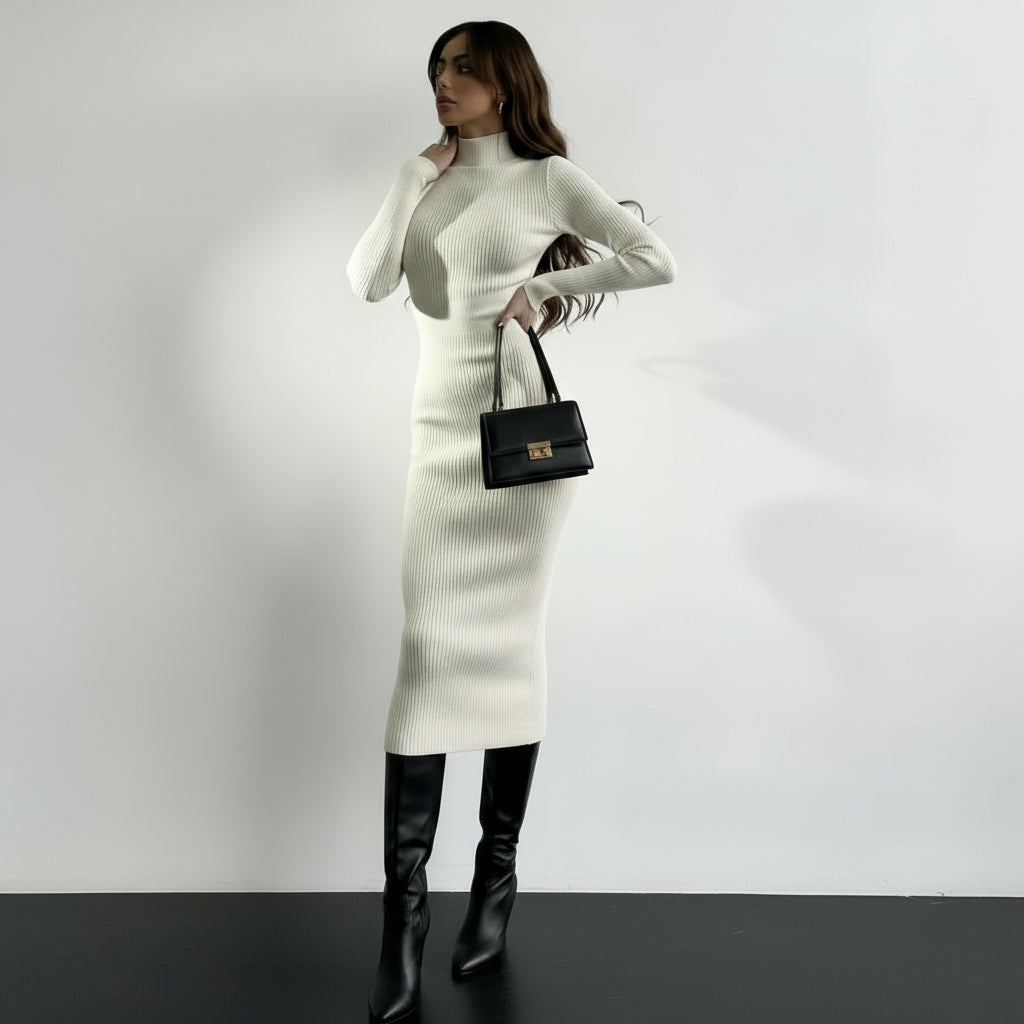 High Neck Ribbed Knit Dress for Women - Autumn/Winter 2025