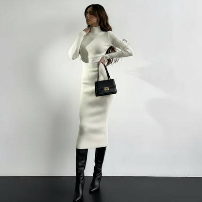High Neck Ribbed Knit Dress for Women - Autumn/Winter 2025