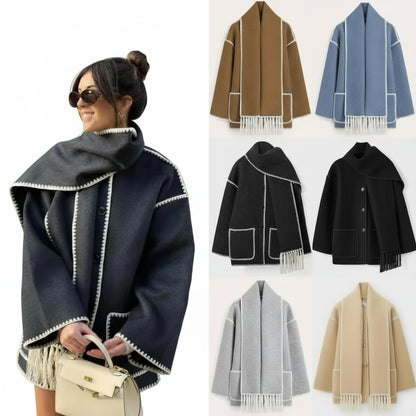 Women's Thick Woolen Coat with Scarf